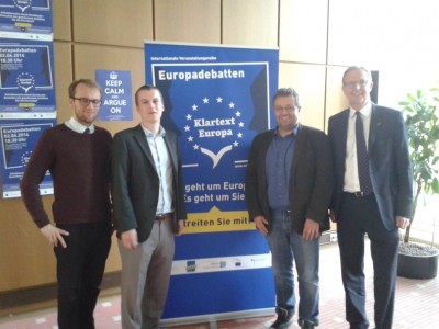 Europadebatten Klartext Europa Köln Juni 2014 v.l.n.r.: Münstermann, Justen, Mostofizadeh, Voss (c) Bürger Europas