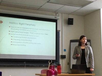 Miriam Kohn defends her senior honors thesis "That’s Debatable: Gender Presentation and Hedging" at the University of Rochester Linguistics Department - © Graeme McGuire